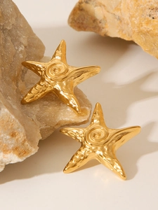 Macro shot of 18k gold plated hammered star earrings on a textured natural stone surface