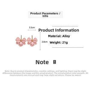 Detail view of double-layer pink flower earrings with dimensions 3.5cm by 3.8cm