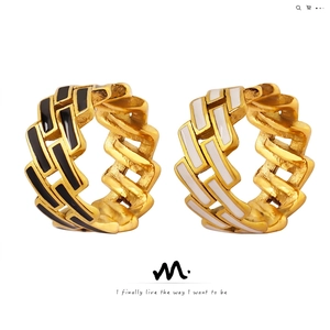 Geometric Enamel Titanium Steel Ring Chic Minimalist Chain Pattern Jewelry Fashion Gold Silver Tone For Women Men