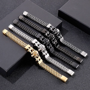 Gothic skull titanium steel men's double-row woven link bracelet in multiple finishes