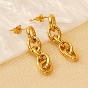 Fashionable 18K gold-plated stainless steel oval chain earrings with a polished finish