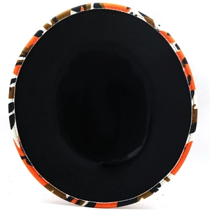 Detail view showing interior lining and abstract camouflage pattern of the wide brim fedora