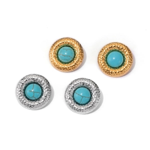 Elegant hammered round stainless steel stud earrings with turquoise stones in gold and silver