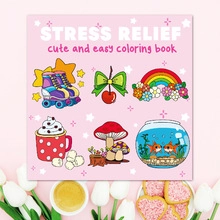 Detail of cute stress relief coloring book featuring hand-drawn cartoons and rainbows