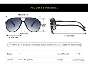 Size chart for vintage oversized pilot sunglasses showing frame dimensions and PC material