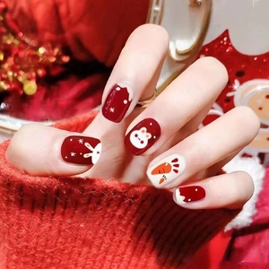 Rabbit Carrot Press On Nails Short Round ABS Removable Wine Red Cream White Winter Festive Cute Artificial Fingernails