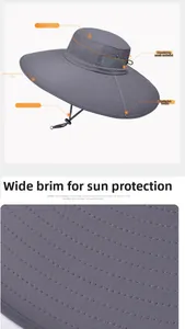 Dettaglio cappello parasole grigio a tesa larga con rete traspirante e corda antivento