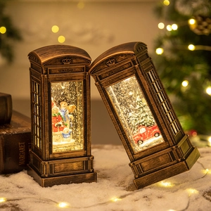 Vintage bronze Christmas telephone booth snow globe with snowman and LED lights