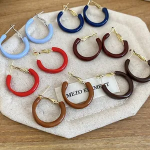 Enamel C-Shaped Hoop Earrings With 925 Sterling Silver Earring Post Retro Glossy Minimalist Alloy Jewelry For Women