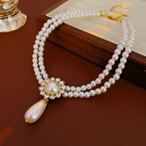French Retro Double Layer Artificial Pearl Necklace With Teardrop Pendant Rhinestone Flower Alloy Elegant Jewelry For Women