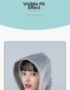 Detail of grey hooded raincoat featuring a transparent waterproof brim and windproof design