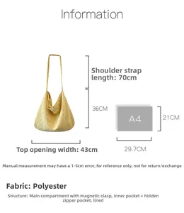 Size chart for yellow polka dot tote bag with A4 paper comparison for scale