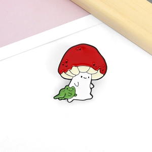 Cute cartoon red mushroom and green frog enamel pin brooch with a tiny smiley face