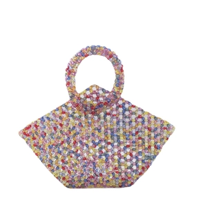 Handmade multi-colored beaded tote bag with a circular handle in a retro woven style