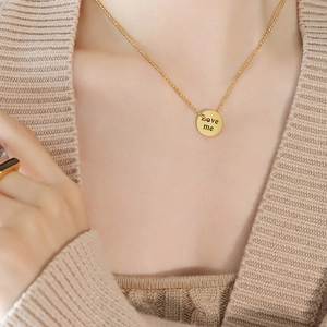 Love Me Engraved Round Pendant Necklace Titanium Steel Ball Chain Minimalist Fashion Jewelry For Women