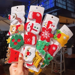 Cute Christmas plush BB hair clips set with knit Santa, snowman, and reindeer designs