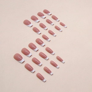 Classic white French tip long coffin false nails with natural nude pink base set of 24 pieces