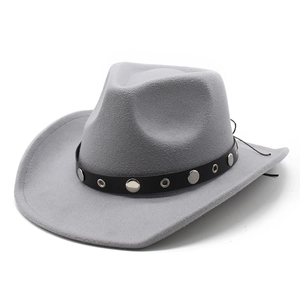 Klassischer grauer Woll-Western-Cowboyhut mit Nieten-Lederband und breiter Krempe