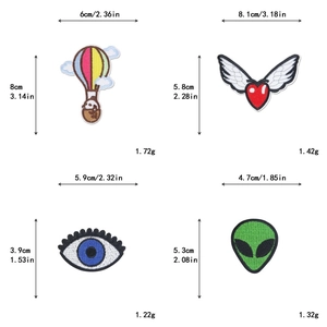 Detailed size and weight chart for hot air balloon and heart embroidered patches