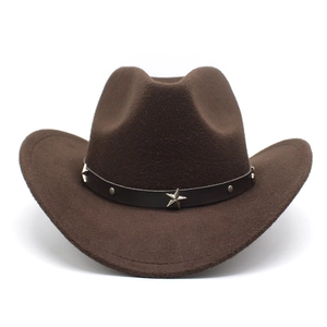 Brown wool felt western cowboy hat with silver star studs on a leather band