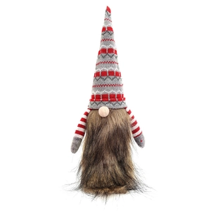 Christmas gnome wine bottle topper with grey red knitted hat and long brown beard