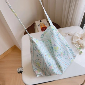 Floral print cotton tote bag with blue stripes and large capacity for daily use