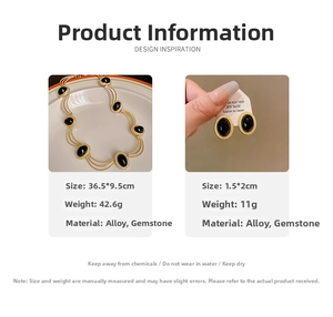 Size chart for vintage alloy necklace and earring set with black oval gemstones