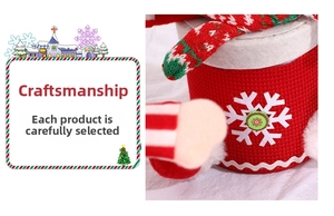 Detail of red knitted Christmas candy jar with white snowflake and button decorations