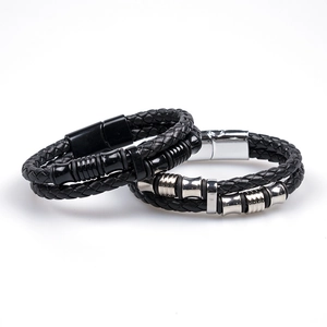 Men's double-layered black woven leather bracelet with silver and black magnetic clasps