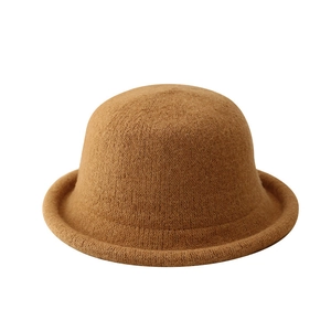Minimalist brown knit wool bucket hat with a rolled brim design for autumn and winter