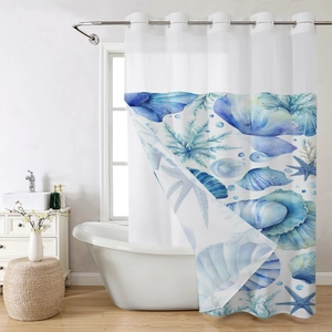 Detail of waterproof shower curtain with blue watercolor sea shells and metal grommets