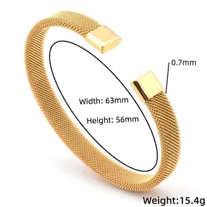 8mm gold mesh stainless steel open C-bracelet with detailed size and weight specifications