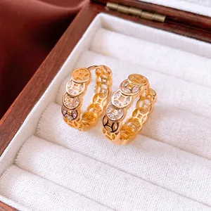 Hoop Earrings 18K Gold Plated Copper Chinese Coin Zircon Inlaid Vintage Round Geometric Jewelry For Women Luxury