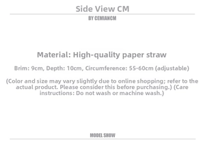 Detail of premium paper straw sun hat with 9cm brim and adjustable 55-60cm circumference