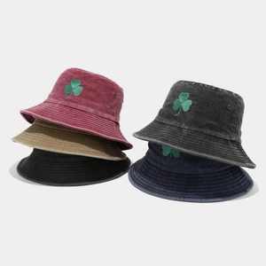 Bucket Hat Washed Cotton Shamrock Embroidery St Patrick's Day Vintage Casual Sun Protection Unisex