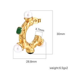 Retro C-shape stainless steel earrings with green crystal, pearls, and size dimensions