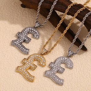 Stainless Steel 18K Gold Plated Pound Sterling Sign Pendant Necklace With Rhinestones Hip Hop Twist Rope Chain For Men