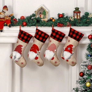 Christmas Stockings Gnome Buffalo Plaid Faux Linen Fireplace Hanging Decor Faceless Old Man 3D Applique