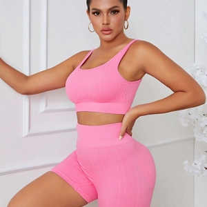 Women's Seamless Knit Yoga Set Top And Bottom High Waist Sports Shorts Quick Dry Sleeveless Fitness Workout Suit