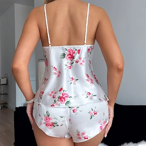 Ensemble pyjama en satin blanc imprimé fleurs avec caraco et short pour femme