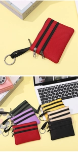 Porte-monnaie en nylon à trois couches avec fermeture éclair et anneau porte-clés multi-couleur