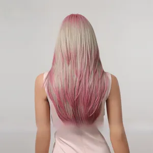 Back view of long straight ombre wig transition from ash blonde to pastel pink tips