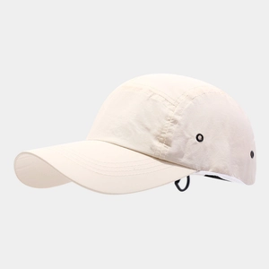 Detail of beige quick-dry baseball cap with metal eyelets and adjustable rear drawcord