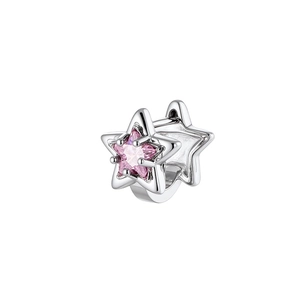 Star-shaped silver hoop earring featuring a centered pink cubic zirconia stone