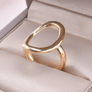 Detail of minimalist gold hollow oval ring displayed in a luxury beige velvet jewelry box