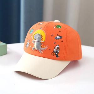 Detailed view of 3D dinosaur astronaut embroidery on a two-tone kids baseball cap