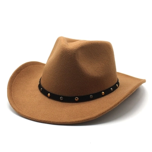 Classic camel wool cowboy hat with studded black leather band on a white background