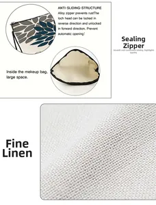 Detail of durable fine linen makeup bag with floral patterns and anti-slip alloy zipper