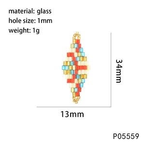 Close-up of handmade diamond-shaped glass bead pendant with 34mm size dimensions