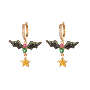 Exquisite gold bat earrings with colorful crystals and hanging yellow stars on white background